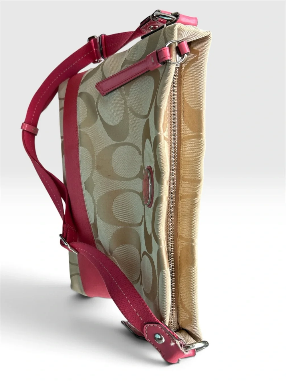 Coach F19220 Signature File Crossbody Bag Khaki Jacquard Pink Coral Stripe Y2K